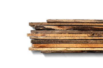 Top view of wood plank stack isolated over white background. Natural wooden texture. Flat lay