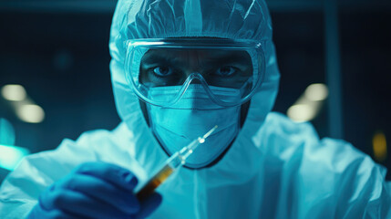 Scientific researcher conducting laboratory experiments with syringe in -tech facility close-up view focused exploration