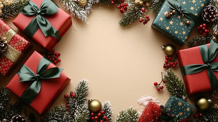 Top view photo of red gift boxes with green ribbon bows, baubles, mistletoe berries, and pine branches in snow on isolated beige background with copyspace in the middle. New year concept.