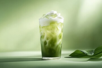 Refreshing iced matcha latte with creamy foam on green background