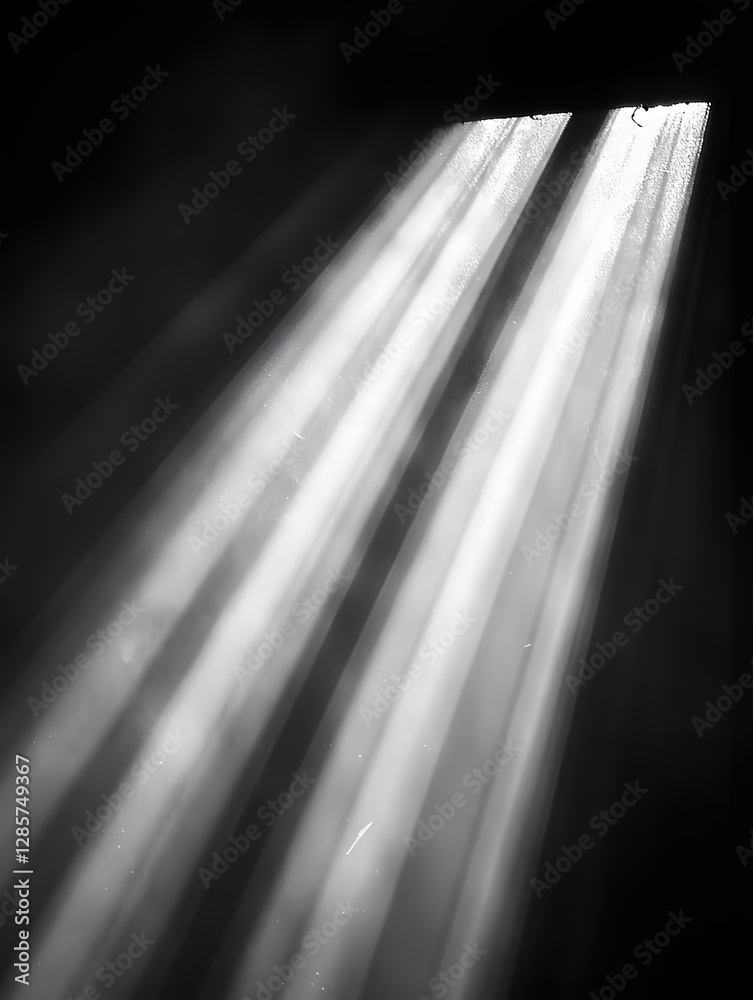 Poster Ethereal black and white image of light rays through a dark room window : Generative AI
