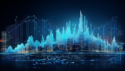 Naklejka premium Concept of stock market and fintech forex concept. Blurry blue digital charts over dark blue background. Futuristic financial interface. 3d render illustration. City double exposure