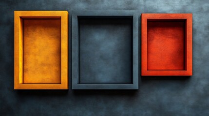 Fototapeta premium Rustic orange red and dark gray empty wooden boxes elegantly arranged against textured background. AI Generated