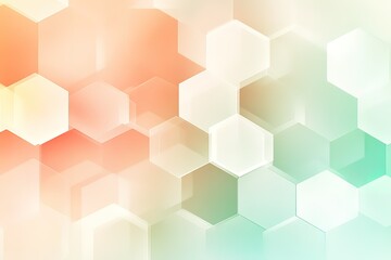 A geometric soft light background featuring a seamless hexagonal grid in pastel colors like mint green and light coral. Gradients flow softly between shapes, with a faint glow effect adding elegance.