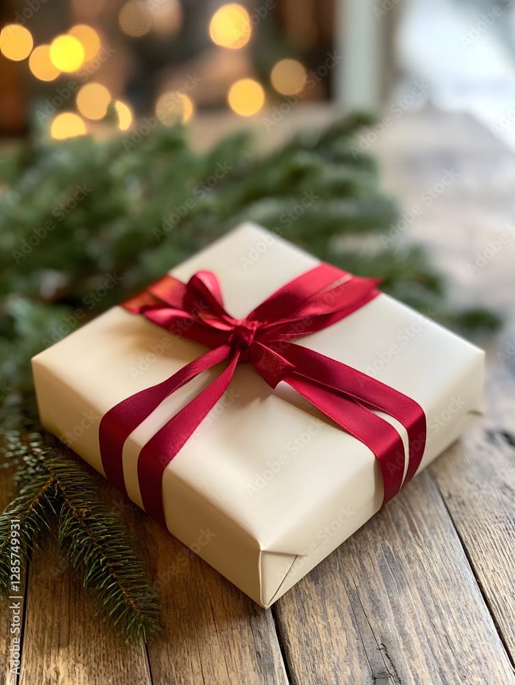 Poster elegant gift wrapped in cream paper with red ribbon on rustic wooden table : generative ai