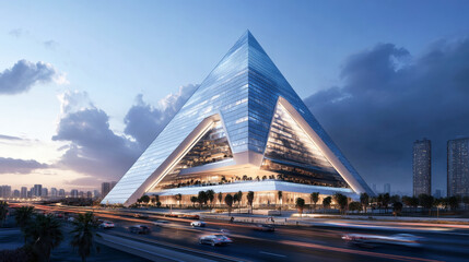 Obraz premium A pyramid-shaped building with a futuristic design, with walls made of glass, illuminated from within, highlighting its intricate framework and the spacious interiors
