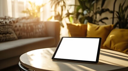 Fototapeta premium Modern Tablet on Round Table in Cozy Living Room with Sunshine