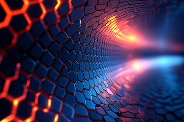 Cybernetic Grid Illumination: A Futuristic Hexagonal Pattern Glows with Neon Pink and Electric Blue, Pulsating with Digital Energy.