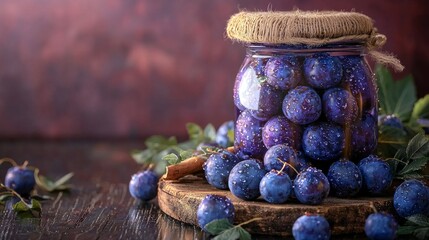 A jar of blueberries sitting on top of a wooden table