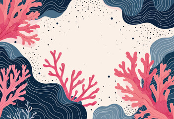 a central white space surrounded by pink and blue lines, with a few scattered dots.