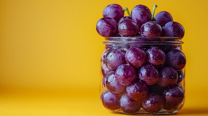 A glass jar filled with purple grapes on a yellow background