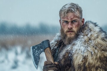 Winter warrior holds an axe in a snowy landscape with a determined expression amidst falling snow