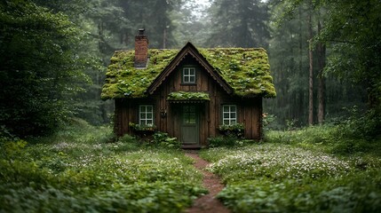 Cozy wooden cottage nestled in lush green forest landscape with moss covered rooftop blending seamlessly into the surrounding nature  Peaceful and serene retreat in the wilderness