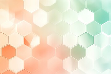 A geometric soft light background featuring a seamless hexagonal grid in pastel colors like mint green and light coral. Gradients flow softly between shapes, with a faint glow effect adding elegance.