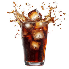 A glass of cola with ice cubes, bubbles, and soda splashing, isolated on a transparent background png
