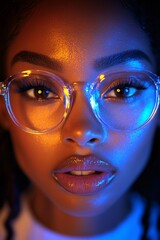 A woman wearing a pair of blue light glasses