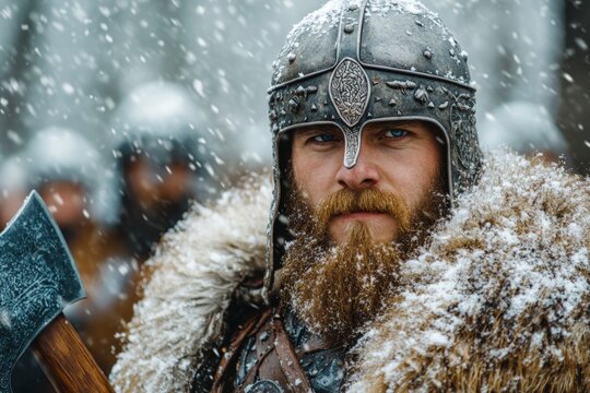 Viking warrior in snowy forest prepares for battle with axe and helmet during winter