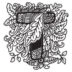 Hand drawn lettering T in ethnic style. Black and white vector illustration for coloring book.
