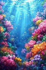 Fototapeta premium An underwater scene with colorful corals and bubbles