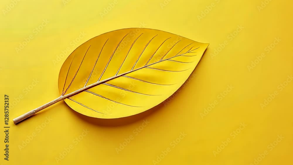 Poster a yellow leaf is on a yellow background. the leaf is thin and has a stem. the background is yellow, 
