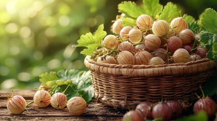 A basket full of gooseberries sitting on top of a wooden table