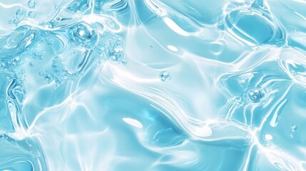 Obraz premium Transparent blue clear water surface texture with ripples, splashes and bubbles. Abstract summer banner background Water waves in sunlight with copy space Cosmetic moisturizer micellar toner emulsion