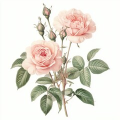 Watercolor vintage pale pink roses isolated on white bakground