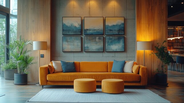 Boutique Hotels: A photo of a cozy boutique hotel lobby with unique art pieces and stylish furniture, showcasing charm and personalized service.