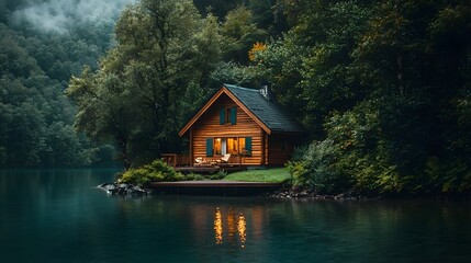 Obraz premium Beautifully crafted wooden house with a wraparound porch nestled beside a clear forest lake Peaceful and serene countryside retreat with ample copy space for your design