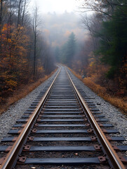 Fototapeta premium Autumn Railway Track Through Foggy Forest Scenic Beauty of Seasonal Nature Path : Generative AI
