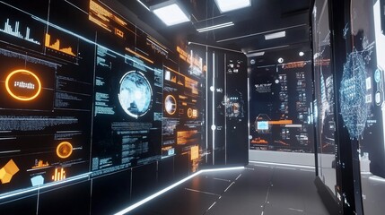 Obraz premium Futuristic control room with digital displays showing data visualizations and complex charts