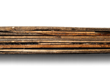 Top view of wood plank stack isolated over white background. Natural wooden texture. Flat lay