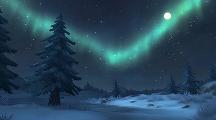 Fototapeta premium Serene winter landscape under a vibrant aurora borealis illuminating the night sky