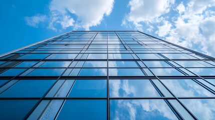 Modern Glass Skyscraper Reflecting Blue Sky and Clouds in an Urban Cityscape : Generative AI