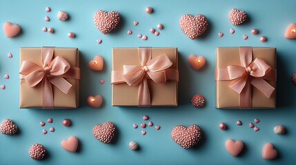 Valentine's Day composition with gift boxes, ribbon bows, heart shaped candies, and candles on a pastel blue background.
