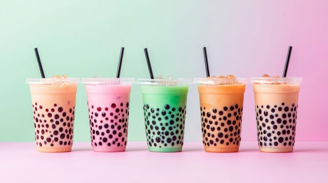 Artful commercial photography featuring bobba tea on a flat surface.