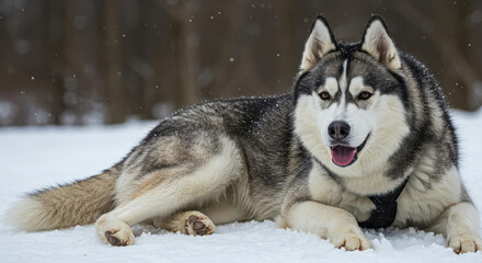 Obraz premium Majestic Siberian Husky Dog Lying in Snow Winter Scene Canine Portrait