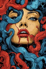 A woman with blue and red hair and red lips