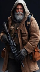 Fototapeta premium Senior man dressed in tactical clothing stands with a rifle in a dark setting