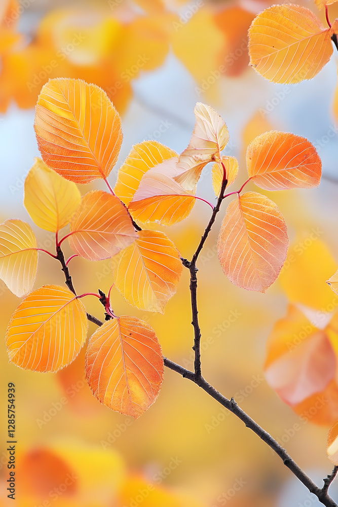 Aufkleber close up of orange and yellow autumn leaves on tree branch in soft focus : generative ai