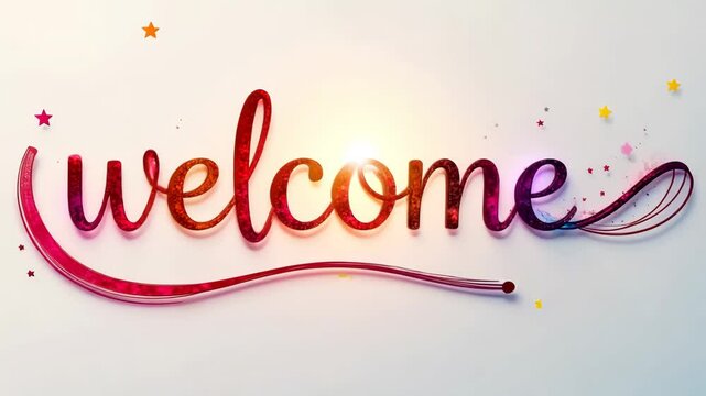 Colorful welcome animation with swirling text and stars on white background