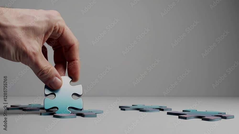 Poster careful hand positioning final puzzle piece, smooth motions completing intricate jigsaw against pris