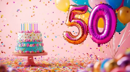 Colorful 50th birthday celebration with layered cake balloons and confetti on vibrant pink background