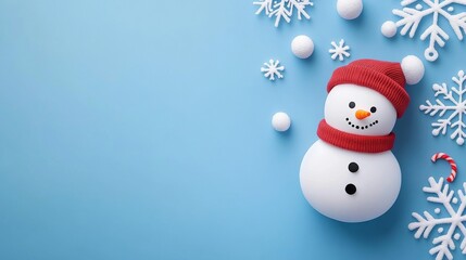 Snowman on blue background with snowflakes and snow. A great banner for winter holidays.