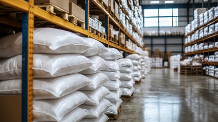 A close-up of a distribution warehouse stocked with bags of sugar and rice.