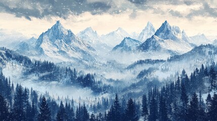 Fototapeta premium Snowy mountains in the midst of winter. Landscape of a forest and snowy mountains in winter. Nature-inspired vector illustration for Christmas designs. Concept of winter hiking.