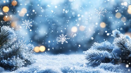 Snowy winter backdrop with blue and white theme. It has glittering lights and snowflake