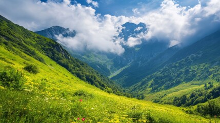 Fototapeta premium Stunning mountain scene with clouds swiftly drifting over a mountain valley. The vibrant greenery and azure sky create a breathtaking summer landscape.