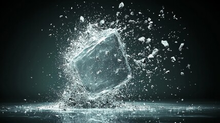 A black and white photo of a cube of water splashing out of it