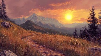 Fototapeta premium The sun sets beyond the mountain, casting a warm glow on the landscape. A trail winds up the mountainside, bordered by tall grasses and rocks.